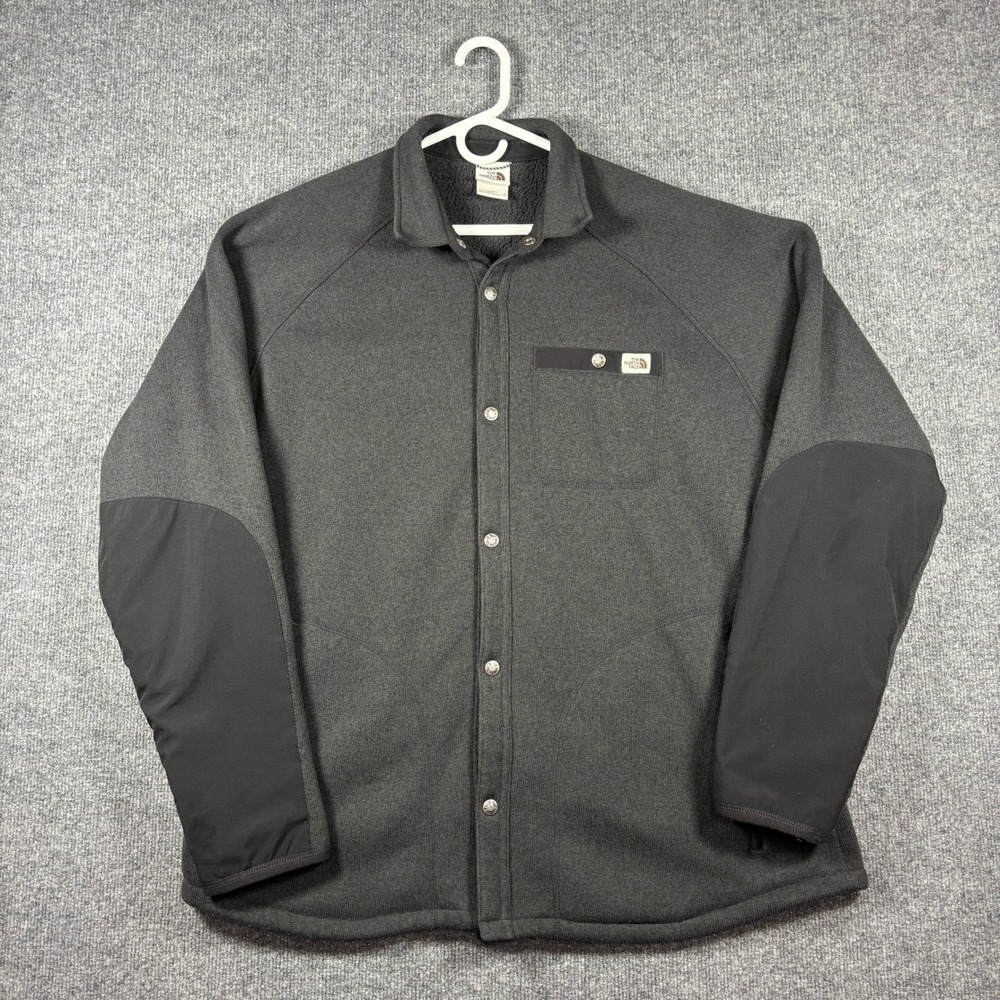 The North Face Shirt Jacket Mens XL Grey Sherpa Lined Fleece Snap Elbow Patches